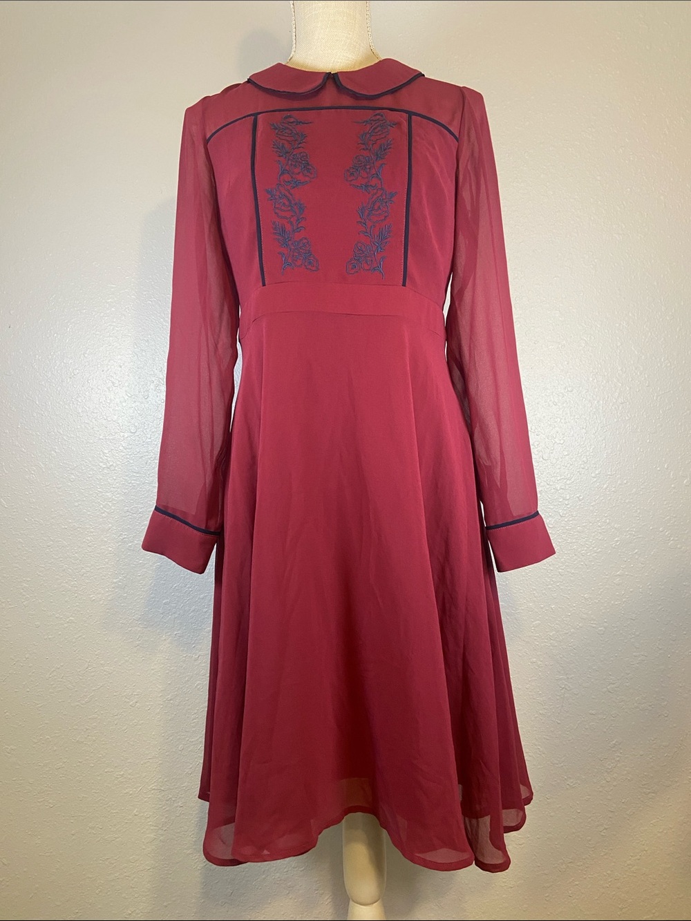 Modcloth Wine Red Long-Sleeve Embroidered Fit-and-Flare Dress